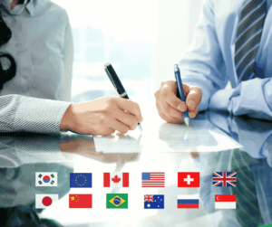 representatives signing an expanded equivalency agreement for Mexico, featuring the national flags of South Korea, European Union, Canada, the United States, Switzerland, United Kingdom, Japan, China, Brazil, Australia, Russia and Singapore.