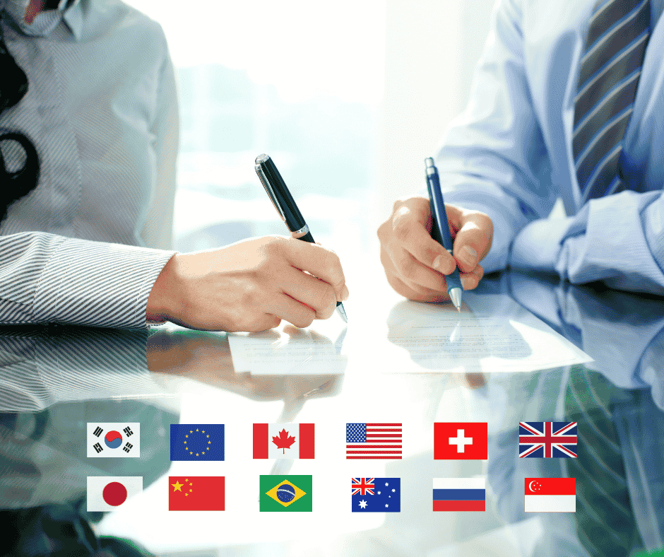 representatives signing an expanded equivalency agreement for Mexico, featuring the national flags of South Korea, European Union, Canada, the United States, Switzerland, United Kingdom, Japan, China, Brazil, Australia, Russia and Singapore.